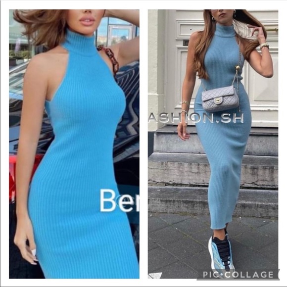 Zara Blue Tube Halter Fitted Midi Dress Size XS-S - Picture 7 of 16